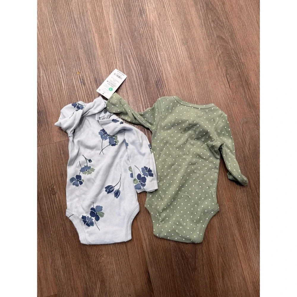 Carters Baby Girls 2PK Long Sleeve Bodysuits Green Polka Dot Blue Floral 3M NEW